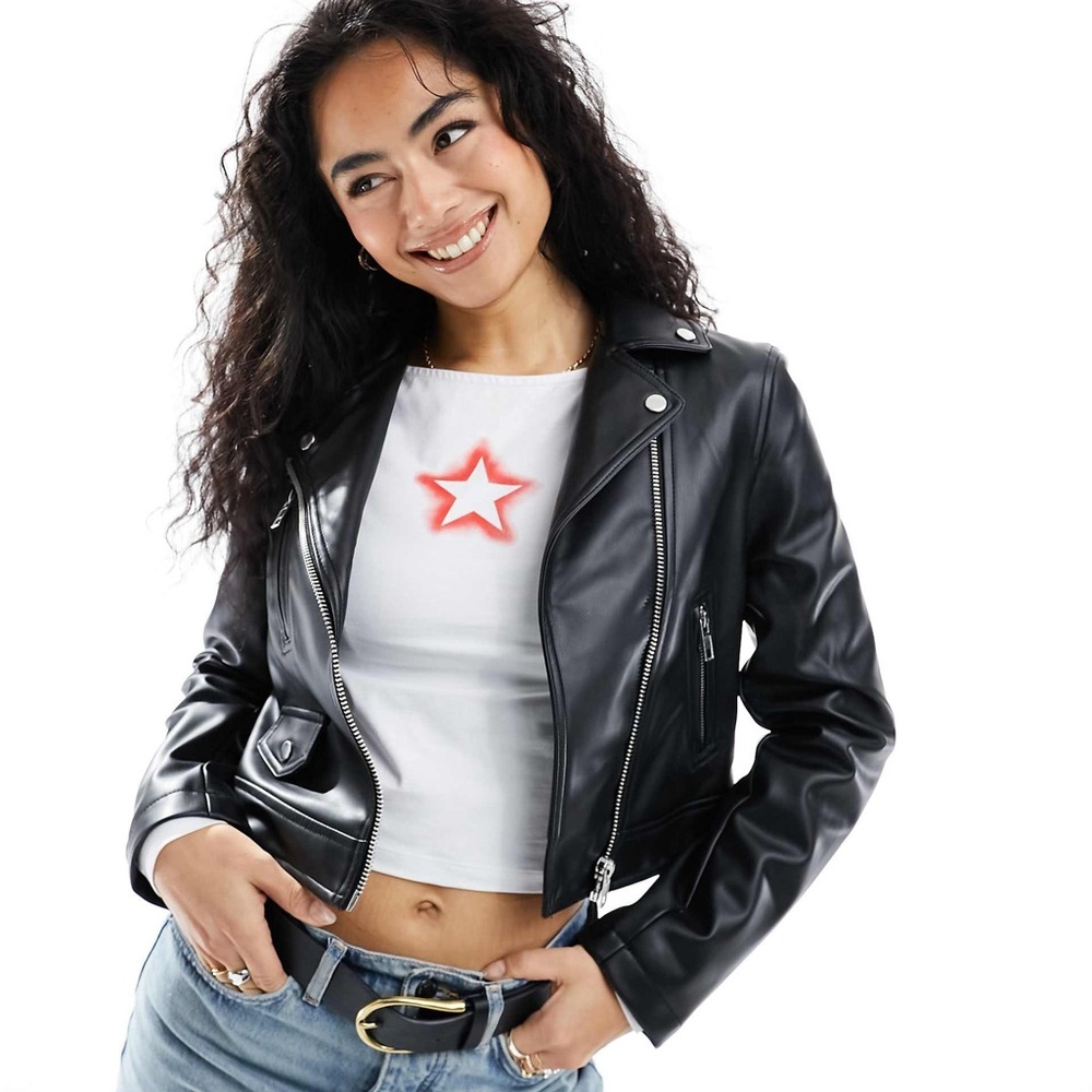 US4 ASOS DESIGN ultimate faux leather biker jacket in black
